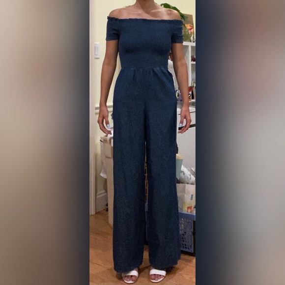 Francesca’s Denim Off The Shoulder Jumpsuit, XXS - Picture 1 of 2